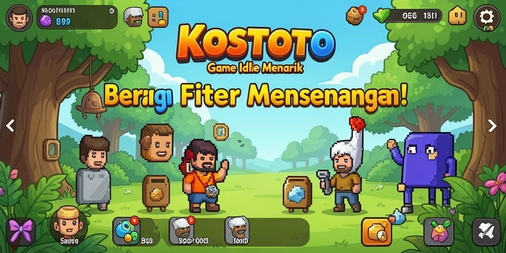 Tampilan gameplay KOSTOTO dengan berbagai karakter dan misi menarik.