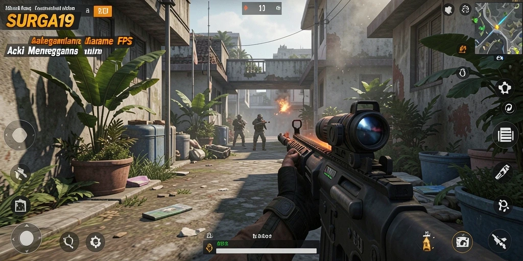 Tampilan penuh aksi dari SURGA19 dengan gameplay menegangkan di arena perang.