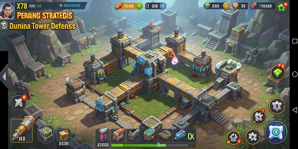 Screenshot gameplay X78 yang menampilkan aksi menara pertahanan melawan gelombang musuh.